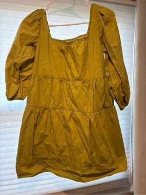 Chartreuse Puff Sleeves Square Neck, Mini Dress